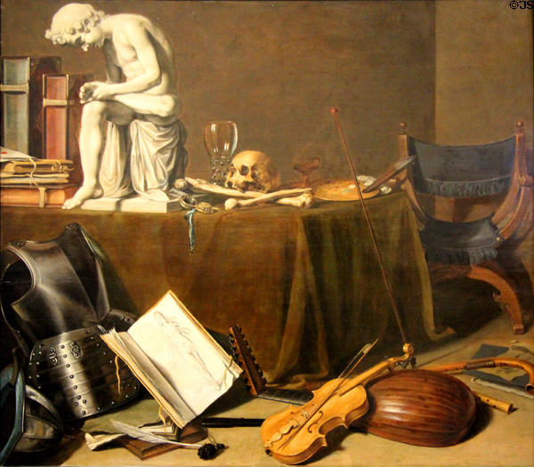 Vanitas still life with the Spinario painting (1628) by Pieter Claesz at Rijksmuseum. Amsterdam, NL.