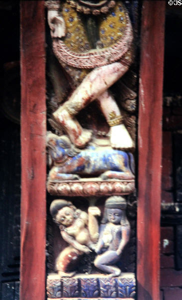 Erotic carvings on Pashupatinath Temple in Durbar Square, Bhaktapur. Nepal.