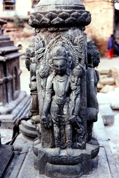 Ornate sculpture at Swayambhunath Buddhist Temple in Katmandu. Nepal.
