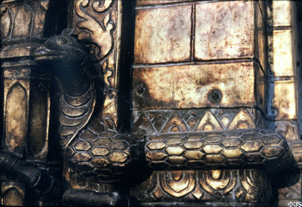 Detail of cobra carving on Swayambhunath Buddhist Temple, Katmandu. Nepal.