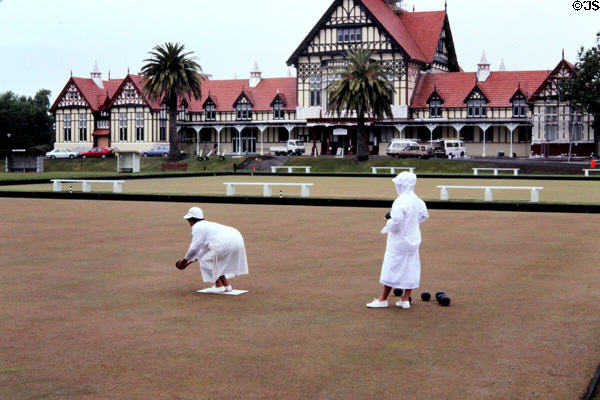 The Bath House, now the Museum of Art and History in Rotorua with bowling green in foreground. New Zealand.