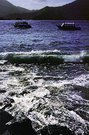Boats just off the coast of Little Tobago Island. Trinidad and Tobago.