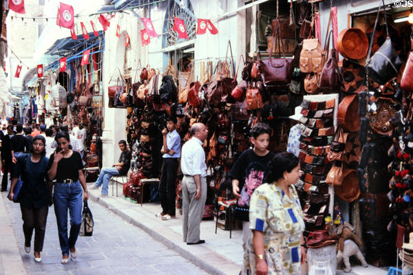 Leather shops in Medina. Tunis, Tunisia.
