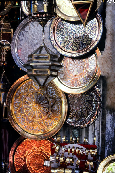Metal trays in shop in Medina. Tunis, Tunisia.