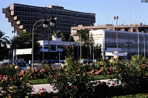 Modern inverted pyramid building on Rue Mid'hat Bacha behind tourism office. Tunis, Tunisia.