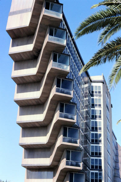 Modern inverted V-shaped building on Rue Mid'hat Bacha. Tunis, Tunisia.
