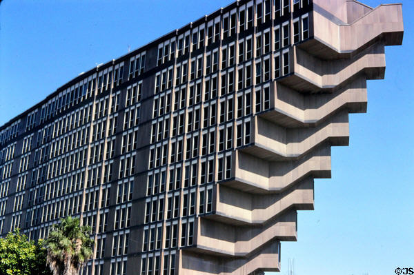 Modern inverted pyramid building on Rue Mid'hat Bacha. Tunis, Tunisia.