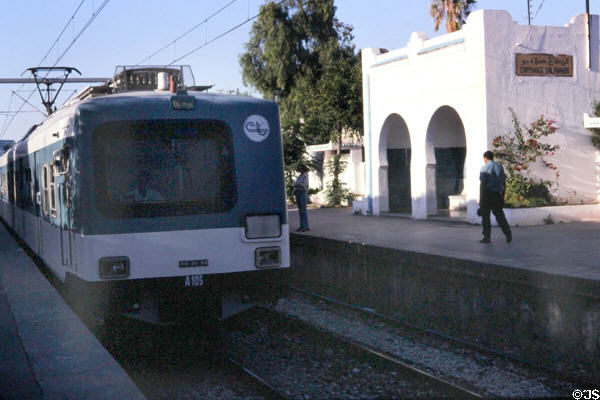 Tunis commuter train pulling into Carthage station. Tunis, Tunisia.