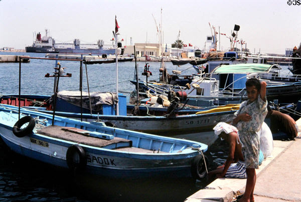 Small boats in city port. Sousse, Tunisia.