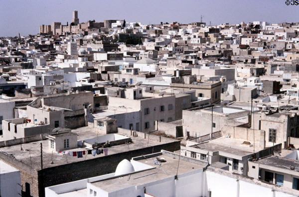 Kasbah fort (top) with Sousse Museum seen over Medina from Nador Tower. Sousse, Tunisia.