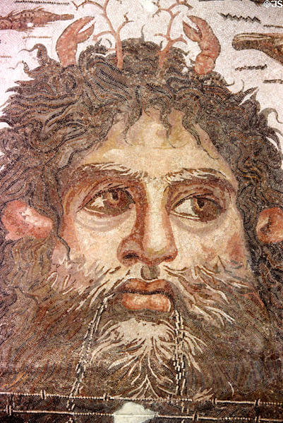 Roman mosaic tile floor (3rd C) of Neptune with crab claw as horns at Sousse Archeological Museum. Sousse, Tunisia.