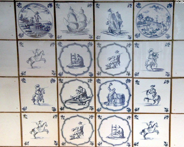 Blue printed fireplace tiles in royal apartments at Edinburgh Castle. Edinburgh, Scotland.