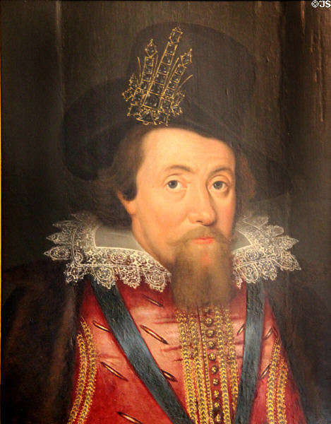 Copy of portrait of James VI & I (1604) after John de Critz the Elder in royal apartments at Edinburgh Castle. Edinburgh, Scotland.