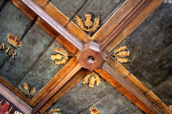 Painted ceiling of birth chamber of King James VI & I in royal apartments at Edinburgh Castle. Edinburgh, Scotland.
