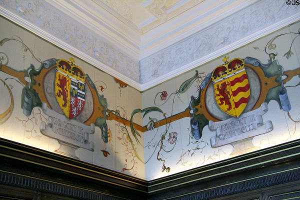 Painted coats of arms in Laich Hall at royal apartments at Edinburgh Castle. Edinburgh, Scotland.