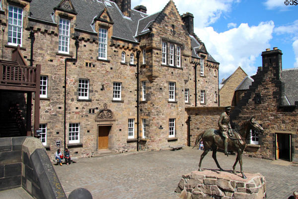 Edinburgh Castle courtyard with heritage buildings & statue of Field Marshal Earl Haig. Edinburgh, Scotland.