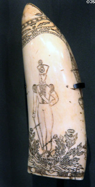 Whale's tooth carved with picture of private in 91st Argyllshire Regiment while serving in Southern Africa (1837-48) at National War Museum of Scotland. Edinburgh, Scotland.