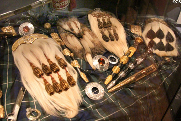 Collection of Highland sporrans, skean dubhs & broaches at National War Museum of Scotland. Edinburgh, Scotland.