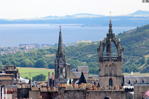 Spires of former Tron Kirk & St Giles on Royal Mile from Edinburgh Castle. Edinburgh, Scotland.