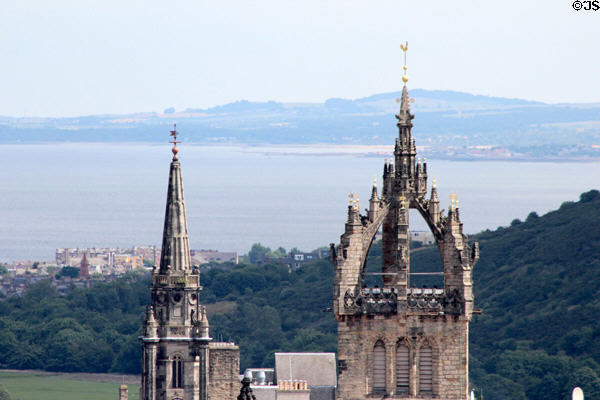 Spires of former Tron Kirk & St Giles on Royal Mile from Edinburgh Castle. Edinburgh, Scotland.