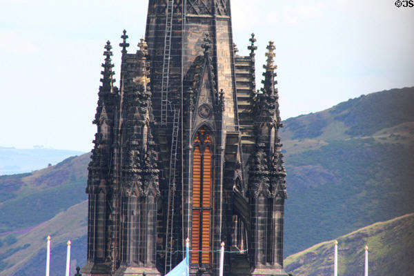 Spire detail of The Hub (originally Church of Scotland) (1845) on Royal Mile from Edinburgh Castle. Edinburgh, Scotland.
