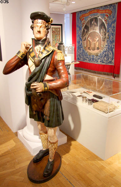 Tobacco shop sign of carved Scottish kilted highlander advertising snuff at Edinburgh City Art Centre. Edinburgh, Scotland.