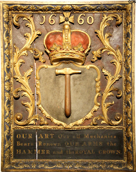 Guild sign (1660) for hammermen metal worker at Edinburgh City Art Centre. Edinburgh, Scotland.