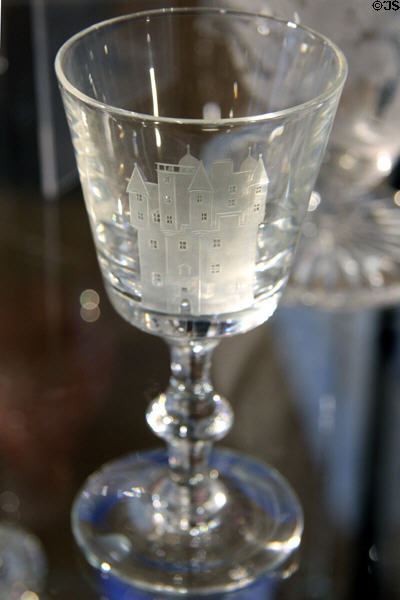 Engraved glass goblet by Holyrood Glassworks at Edinburgh City Art Centre. Edinburgh, Scotland.