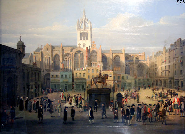 Parliament Close with Edinburgh public figures spanning 50 years painting (c1820) by John Kay at Edinburgh City Art Centre. Edinburgh, Scotland.