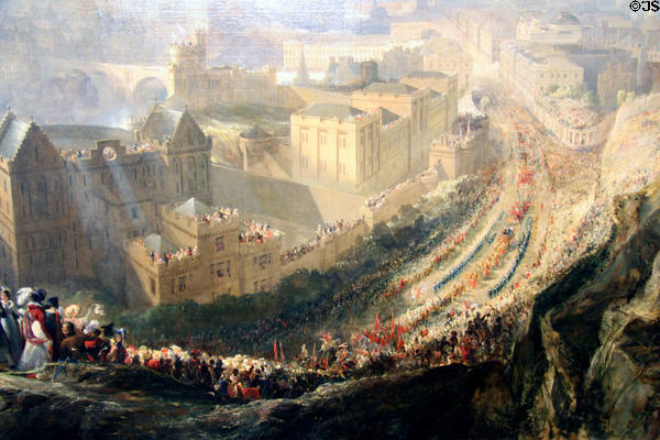 Parade detail of Entry of George IV into Edinburgh seen from Calton Hill in 1822 painting (1827) by John Wilson Ewbank at Edinburgh City Art Centre. Edinburgh, Scotland.