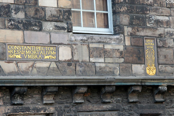 Inscriptions on facade of Museum of Edinburgh. Edinburgh, Scotland.