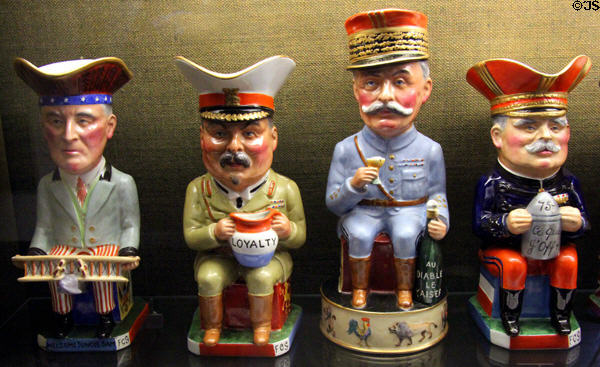 Toby jugs representing World War I Allied leaders (Woodrow Wilson, Louis Botha, Ferdinand Foch, Joseph Joffre) by Sir F. Carruthers Gould for Pottery-Wilkinson Ltd. at Museum of Edinburgh. Edinburgh, Scotland.