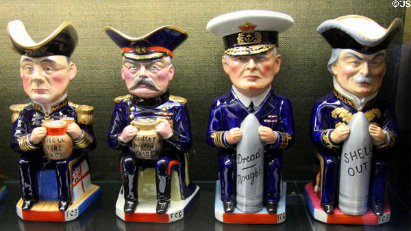 Toby jugs representing World War I Allied leaders (John Jellicoe, Herbert Kitchener, David Beatty, David Lloyd George) by Sir F. Carruthers Gould for Pottery-Wilkinson Ltd. at Museum of Edinburgh. Edinburgh, Scotland.