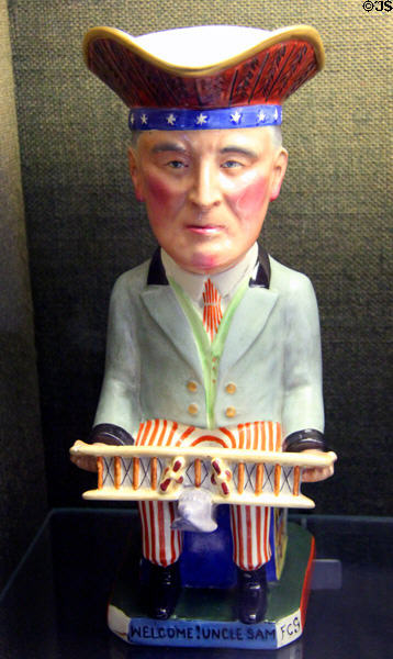 Toby jugs representing World War I Allied leaders (US President Woodrow Wilson with biplane) by Sir F. Carruthers Gould for Pottery-Wilkinson Ltd. at Museum of Edinburgh. Edinburgh, Scotland.