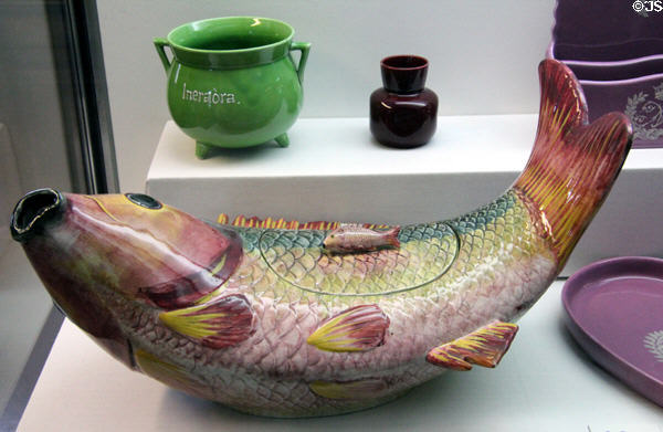 Earthenware carp tureen marked Wemyss Ware (early 20thC) by Robert Heron & Son for Fife Pottery at Museum of Edinburgh. Edinburgh, Scotland.
