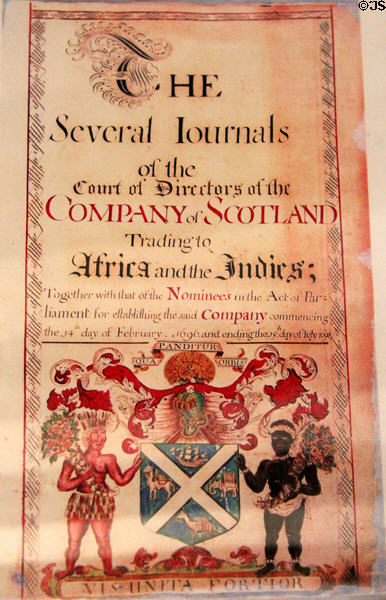 Graphic of Company of Scotland (1698) a trading company which failed with its attempt to establish colony of Darien in Panama & which has connections to Gladstone's Land. Edinburgh, Scotland.