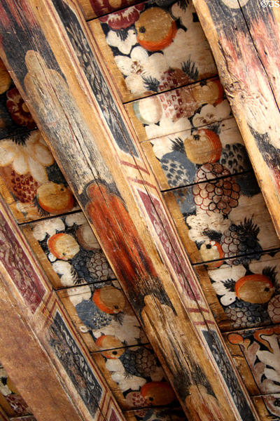 Renaissance painted ceiling with exotic fruits in painted chamber at Gladstone's Land tenement house. Edinburgh, Scotland.