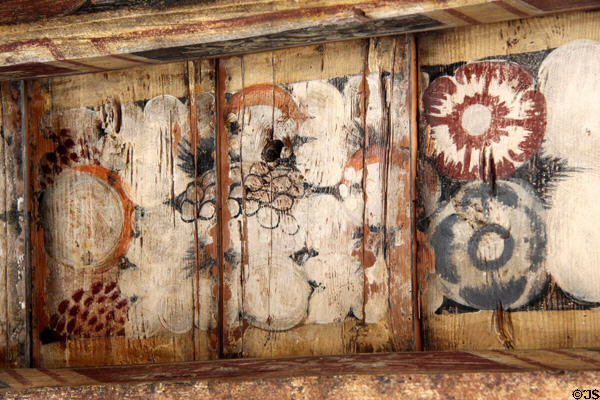 Detail of Renaissance painted ceiling with exotic fruits in painted chamber at Gladstone's Land tenement house. Edinburgh, Scotland.