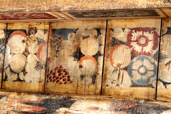 Detail of Renaissance painted ceiling with exotic fruits in painted chamber at Gladstone's Land tenement house. Edinburgh, Scotland.