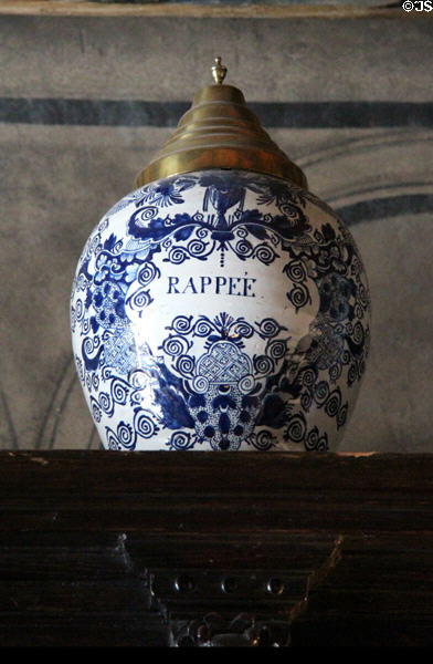 Porcelain tobacco jar (17thC) in painted chamber at Gladstone's Land tenement house. Edinburgh, Scotland.