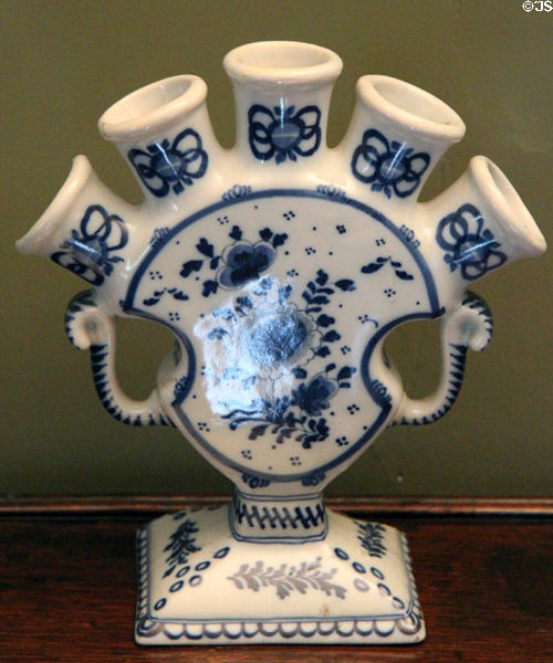 Tin-glazed earthenware flower vase in Georgian room at Gladstone's Land tenement house. Edinburgh, Scotland.