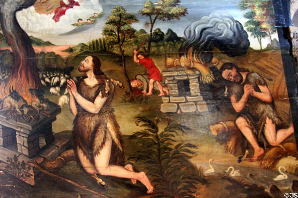 Painted ceiling panel shows Cain & Abel (17thC) from Dean House Edinburgh building at John Knox House. Edinburgh, Scotland.