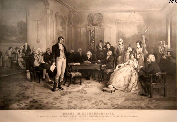 Robert Burns in Edinburgh, 1787, reading his poem 'A Winter Night' engraving (1887) by C.M. Hardie at Writers' Museum. Edinburgh, Scotland.