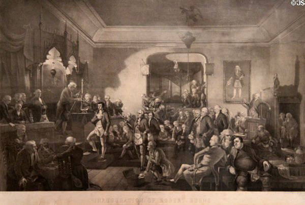 Inauguration of Robert Burns as Poet Laureate of Masonic Lodge, Canongate Kilwinning No. 2 engraving by James Gordon after painting by Stewart Watson at Writers' Museum. Edinburgh, Scotland.