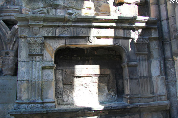 Carved stone fireplace at Holyrood Abbey. Edinburgh, Scotland.