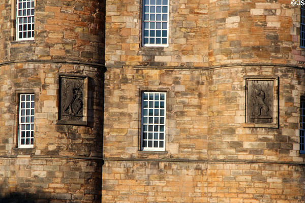 Carved royal arms on James V & Mary Queen of Scots tower at Holyrood Palace. Edinburgh, Scotland.