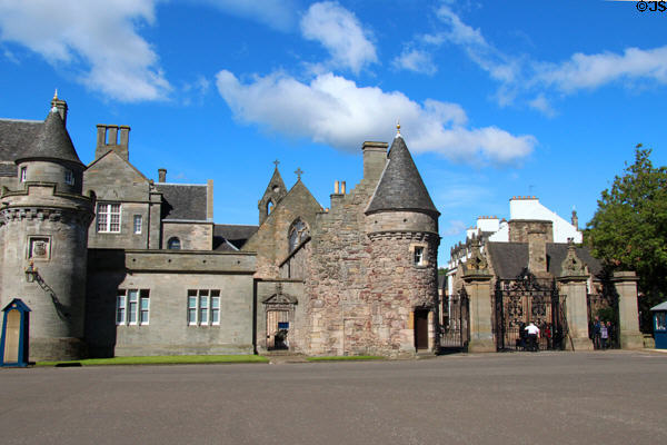 Renaissance-style entrance buildings to Holyrood Palace forecourt which now serve as reception area & Queen's Gallery. Edinburgh, Scotland.