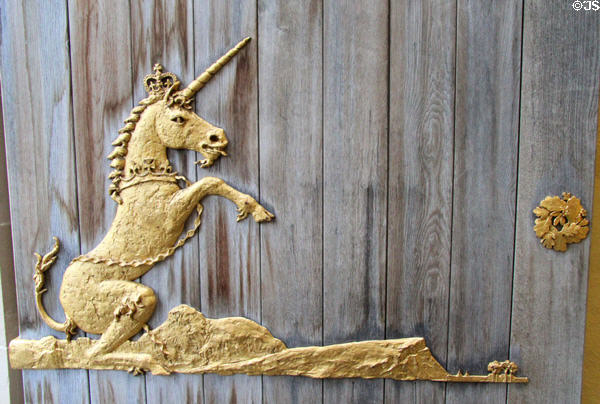 Royal unicorn on entrance doors at Queens Gallery. Edinburgh, Scotland.