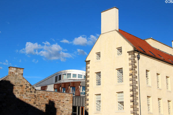 Roofline of Scottish Parliament & traditional listed building incorporated into complex. Edinburgh, Scotland.