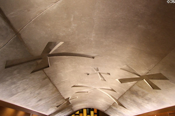Interior ceiling crosses inspired by Scottish flag at Scottish Parliament. Edinburgh, Scotland.